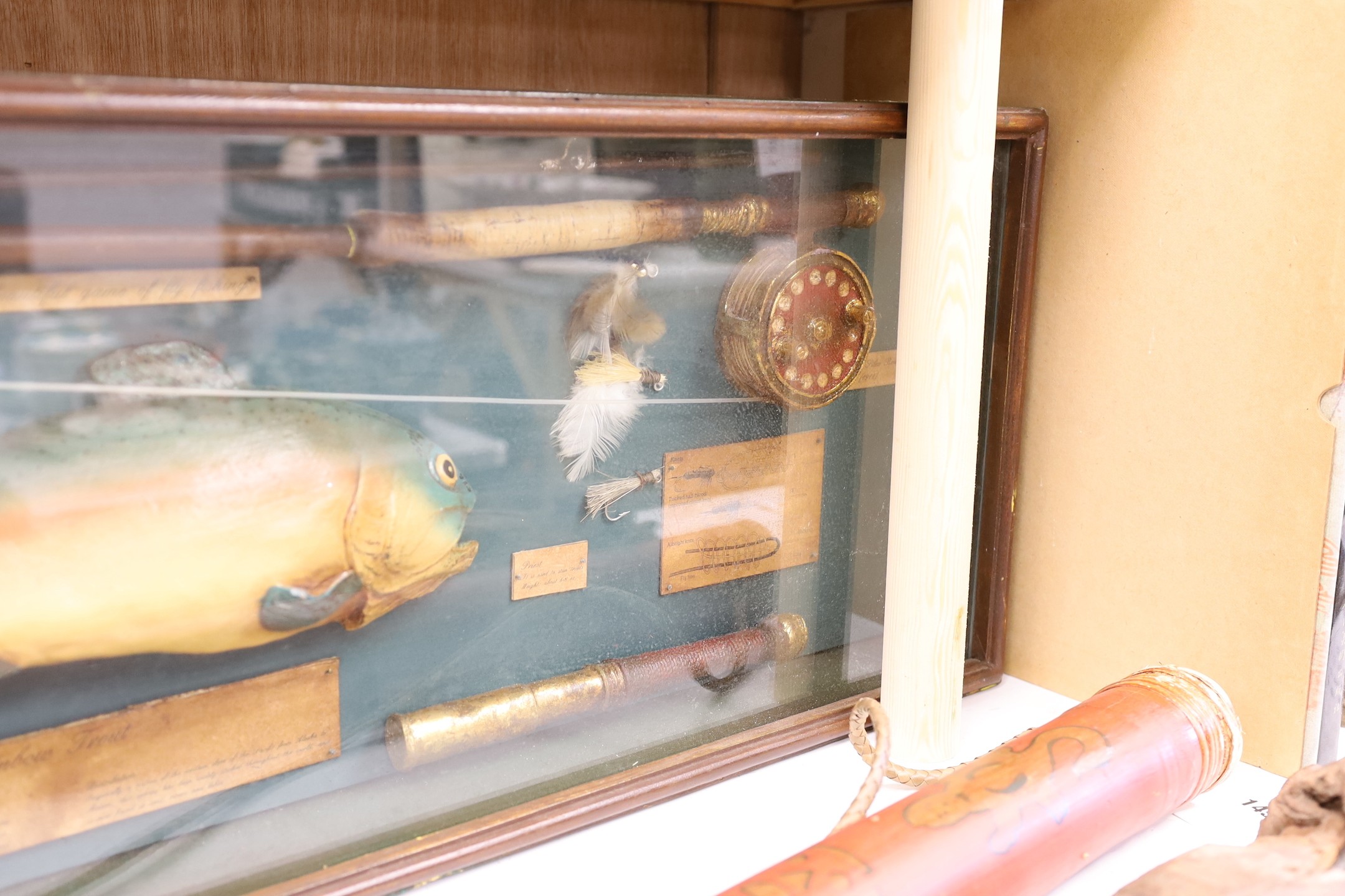 A cased fishing display case of a Rainbow Trout centred around angling ephemera, 106 x 34cm